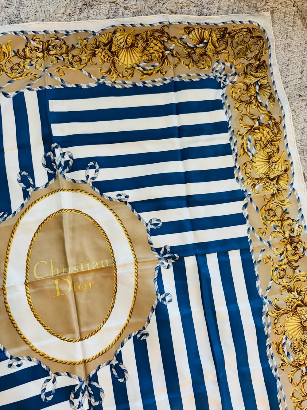 Authentic Dior Blue White and Gold Printed Silk Scarf